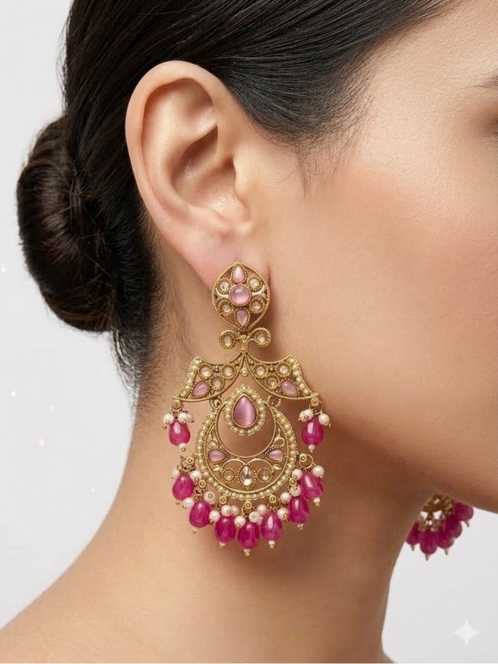 Elegant Pink and Gold Chandbali Earrings - Women Jewelry